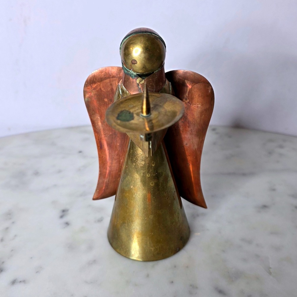 Vtg Brass Copper Angel Candlestick Holder MCM Hong Kong Mnmlst Christmas Decor